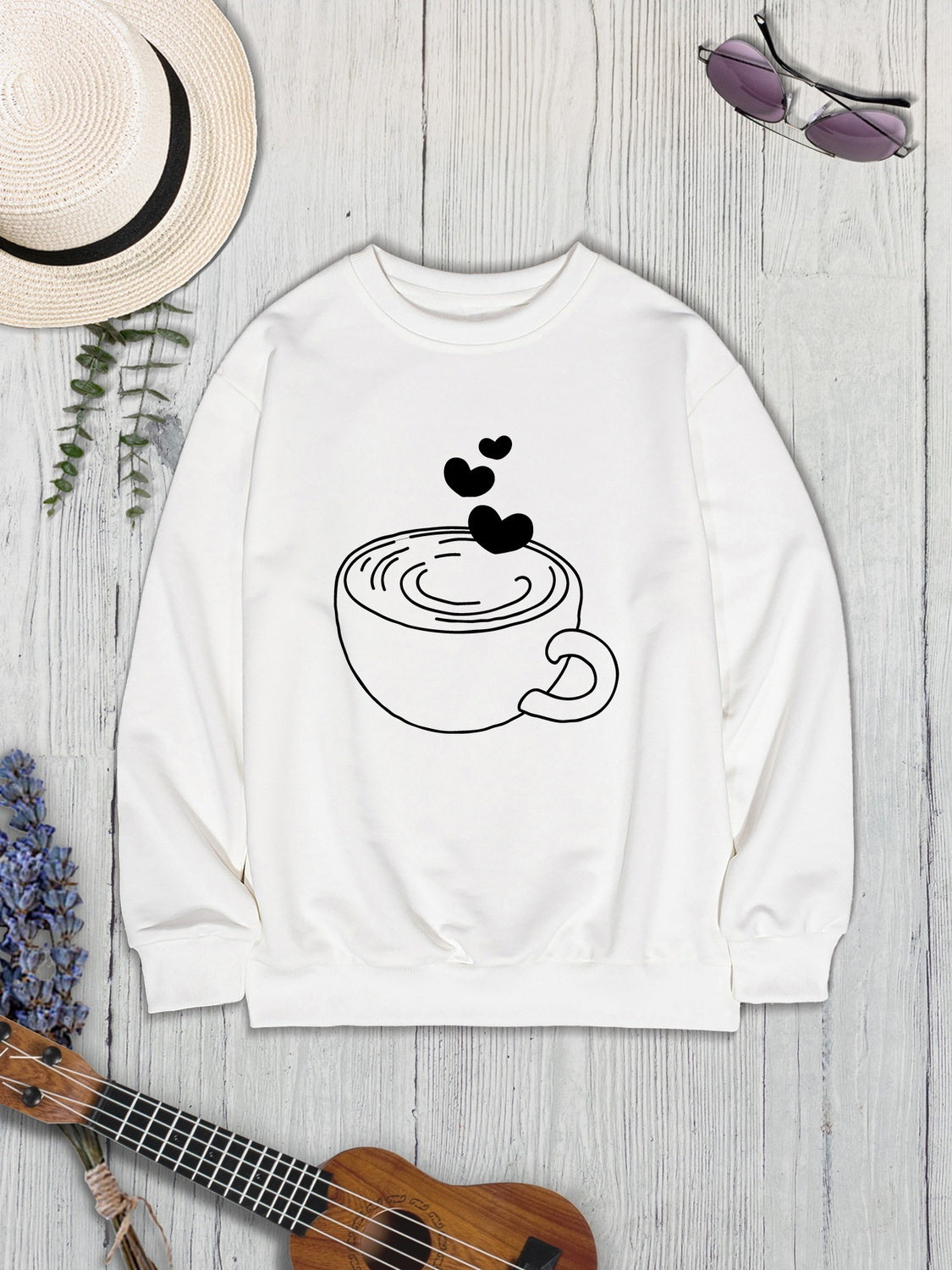 Cup Graphic Round Neck Dropped Shoulder Sweatshirt-Jewearrings