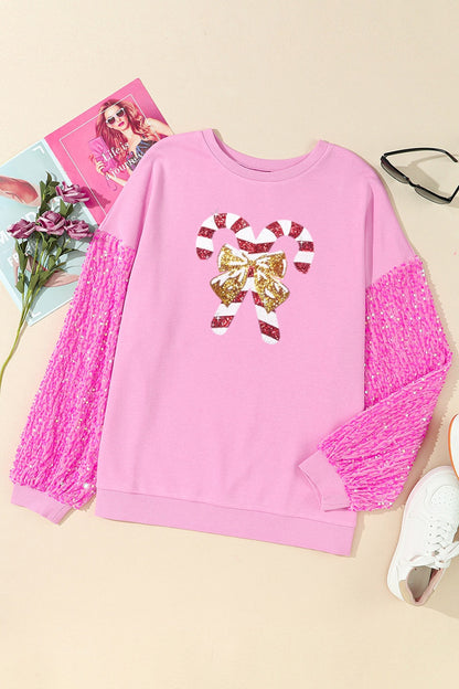 Candy Cane Sequin Long Sleeve Sweatshirt-Jewearrings