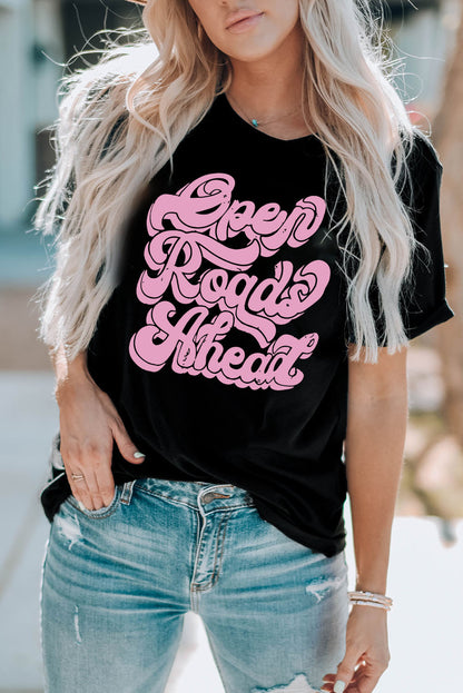 Round Neck Short Sleeve OPEN ROADS AHEAD Graphic Tee-Jewearrings