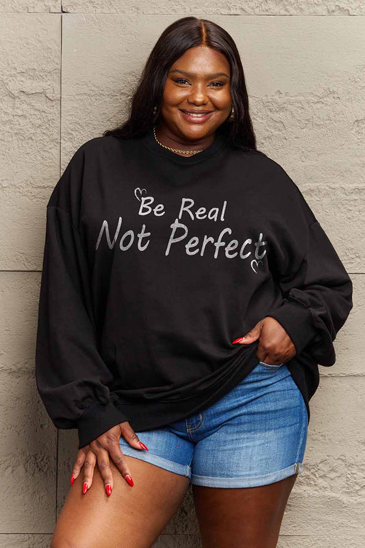 Simply Love Full Size BE REAL NOT PERFECT Graphic Sweatshirt-Jewearrings