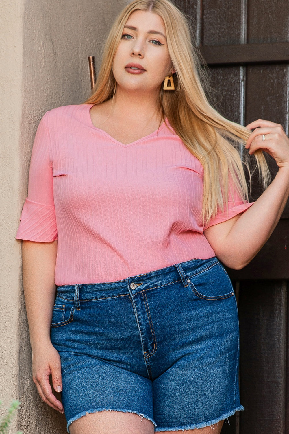 Plus Size V-Neck Half Sleeve Blouse-Jewearrings