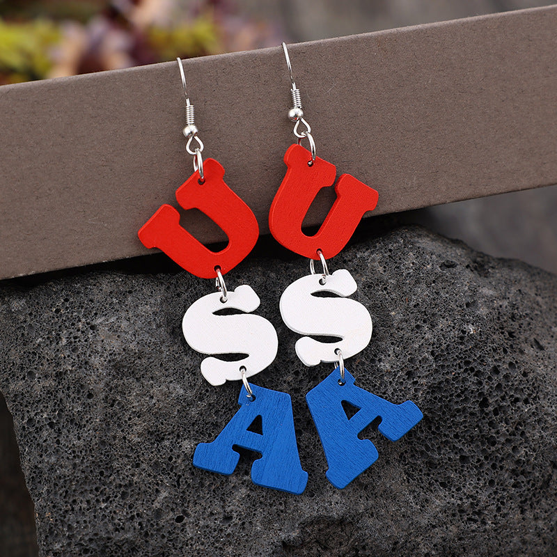 USA Wooden Letter Dangle Earrings-Jewearrings