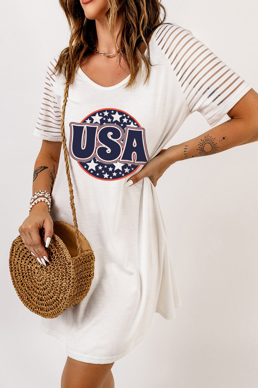 USA Sheer Striped Sleeve Tee Dress-Jewearrings