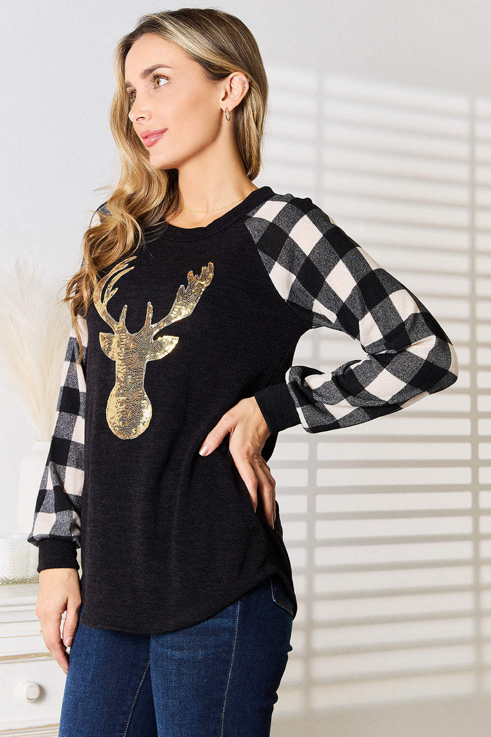 Heimish Full Size Sequin Reindeer Graphic Plaid Top-Jewearrings