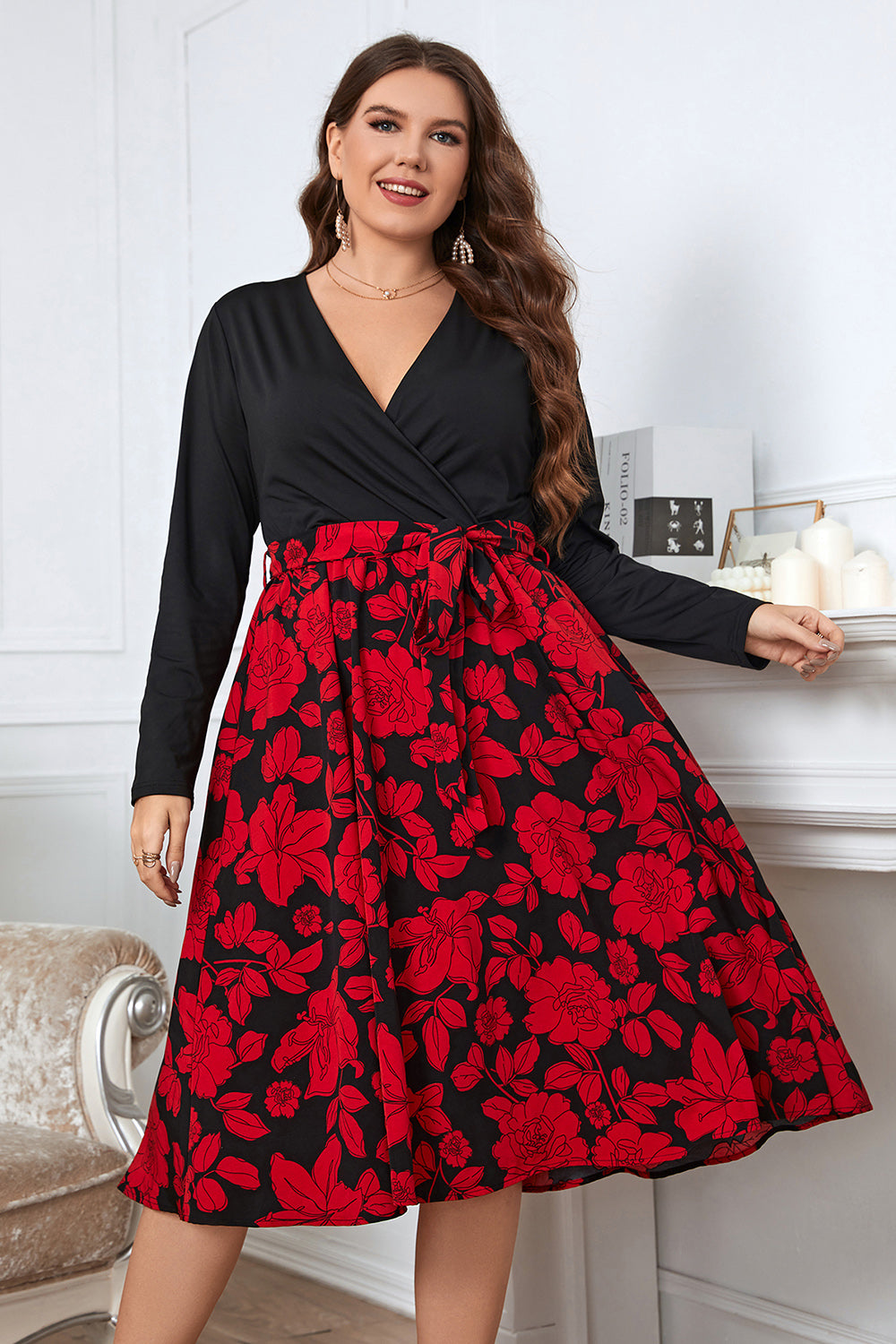 Plus Size Floral Surplice Neck Long Sleeve Dress-Jewearrings