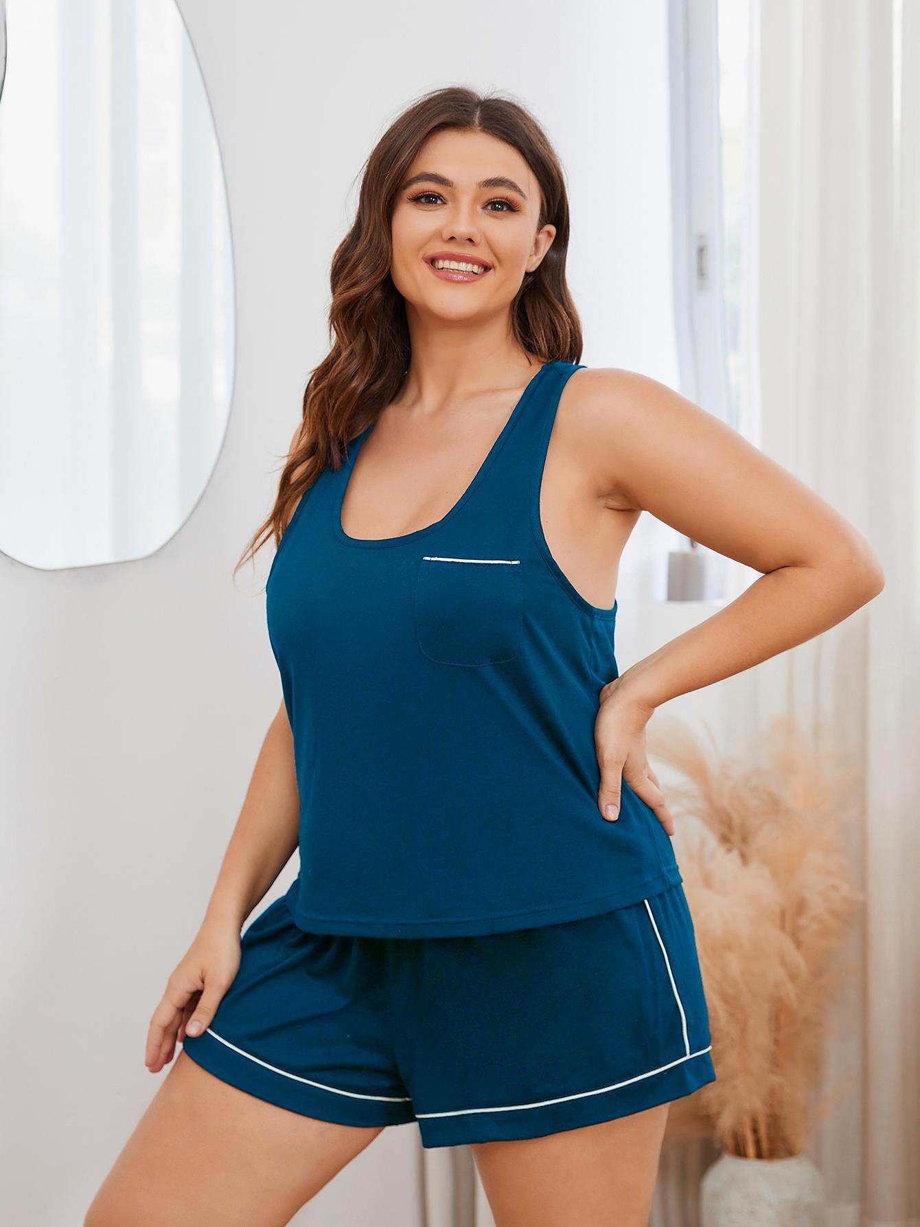 Plus Size Contrast Piping Racerback Tank and Shorts Lounge Set-Jewearrings