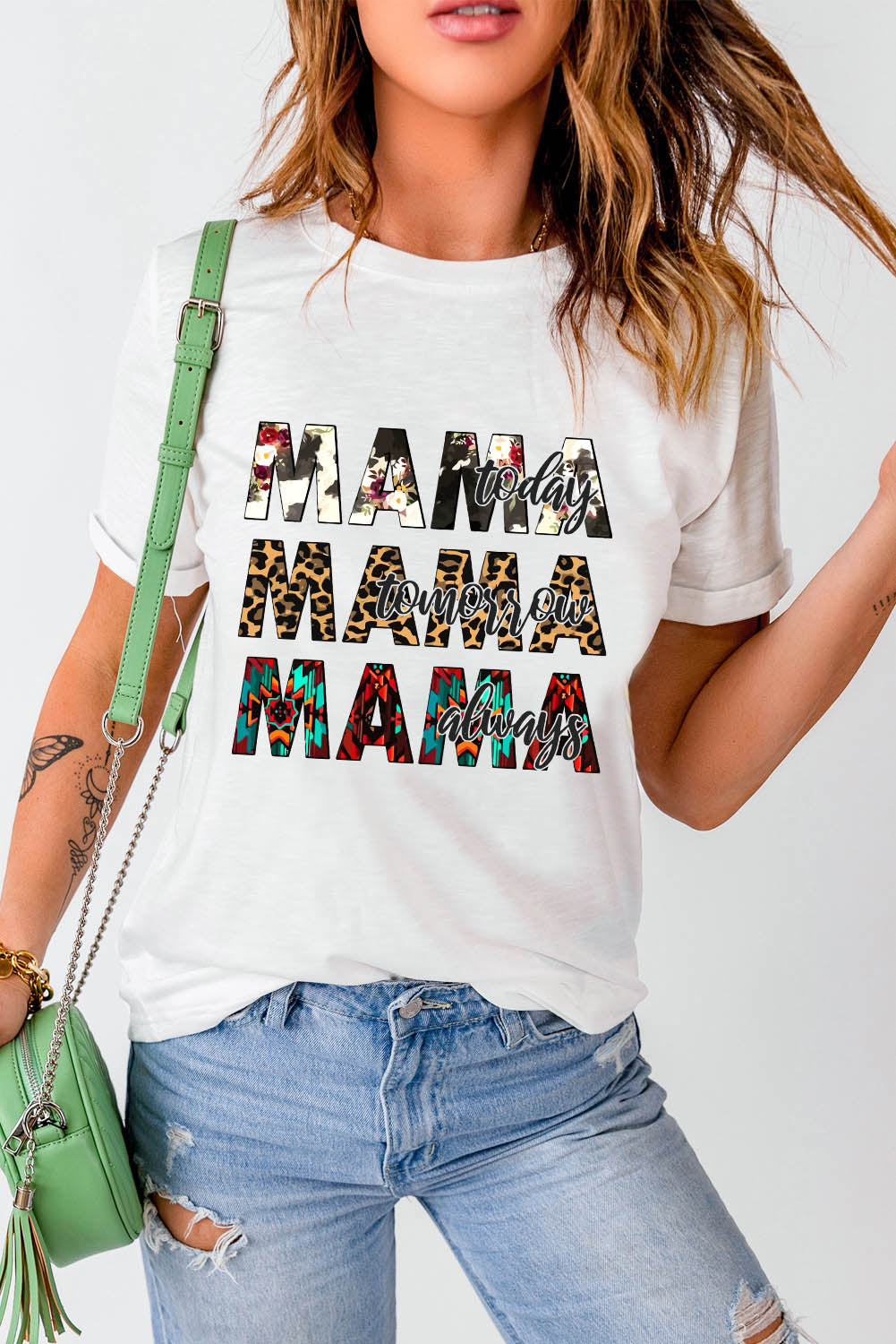 MAMA Graphic Cuffed Round Neck Tee Shirt-Jewearrings