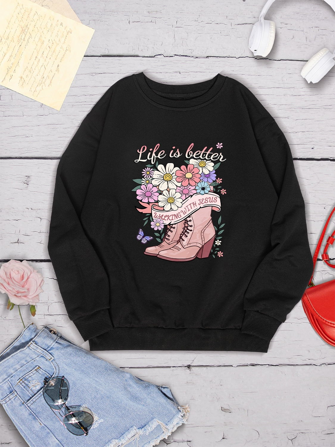 Graphic Round Neck Long Sleeve Sweatshirt-Jewearrings