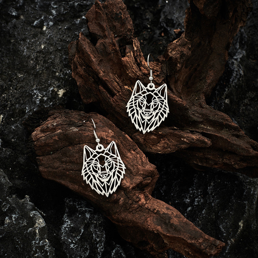 Hollow Wolf Head Silver Stainless Steel Dangle Earrings For Women-Jewearrings