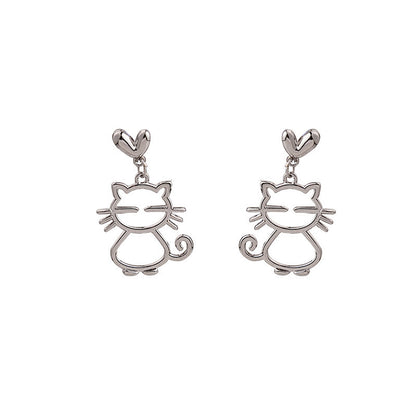 Silver Needle Metal Melancholy Cat Temperament Earrings Simple Asymmetric-Jewearrings