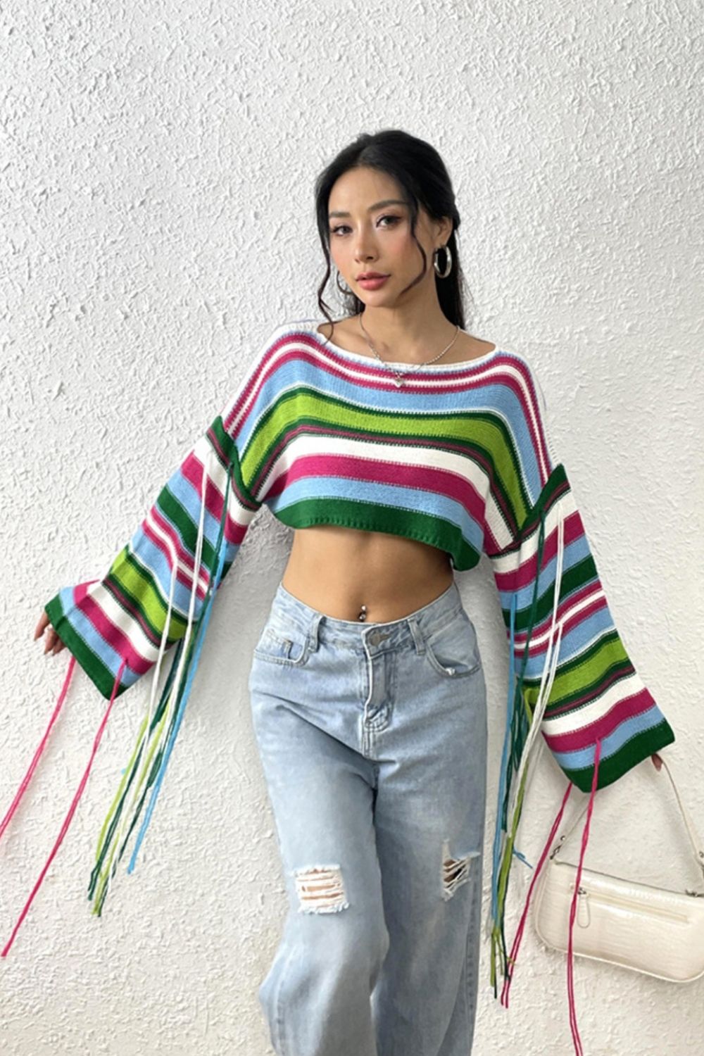 Fringe Striped Round Neck Knit Top-Jewearrings