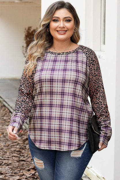 Plus Size Leopard Raglan Sleeve Plaid T-Shirt-Jewearrings