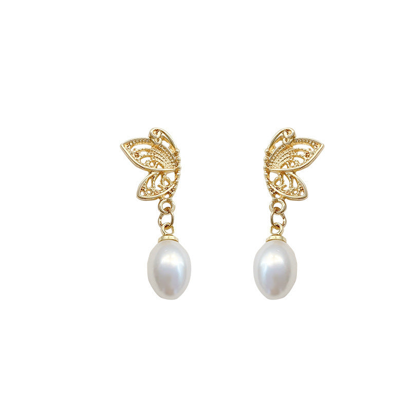 Temperament Pearl Butterfly Earrings Super Fairy Simple-Jewearrings