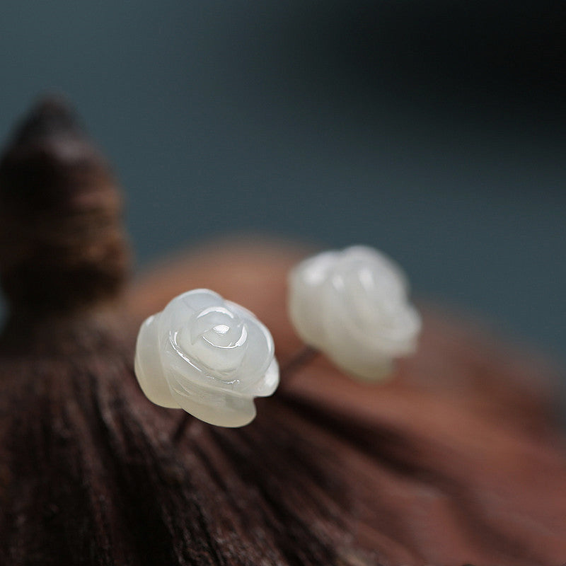 Ose Flower Sterling Silver Women Hetian Jade Flower Earrings-Jewearrings