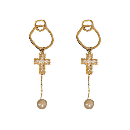 Silver Post Pearl Cross Tassel Geometric Earrings-Jewearrings