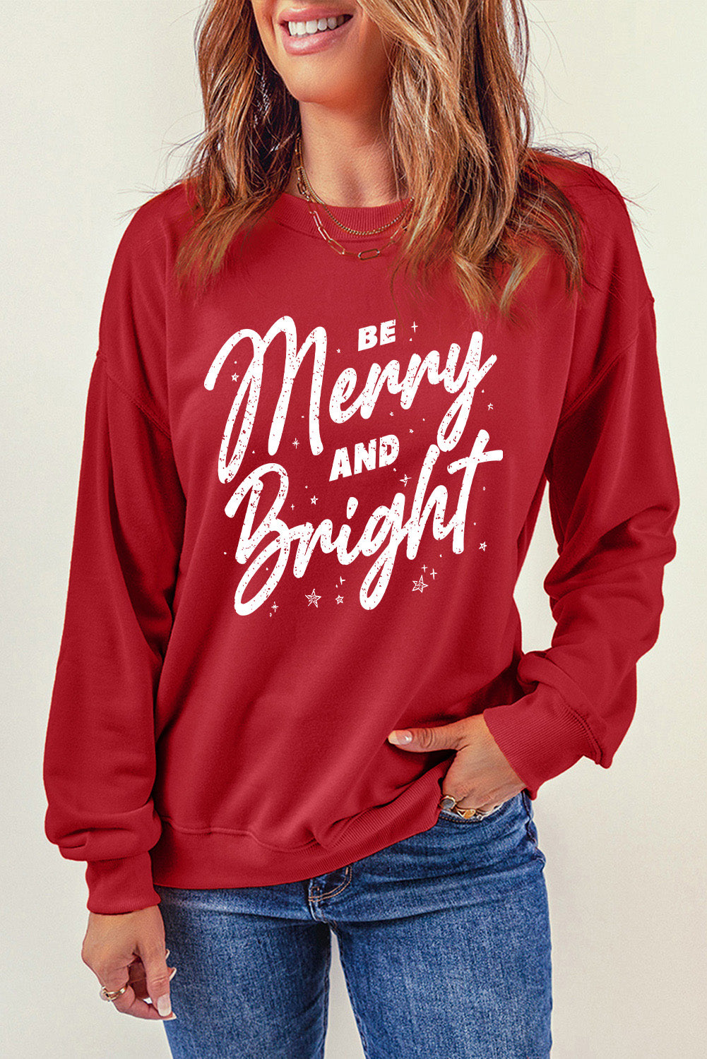 BE MERRY AND BRIGHT Round Neck Sweatshirt-Jewearrings