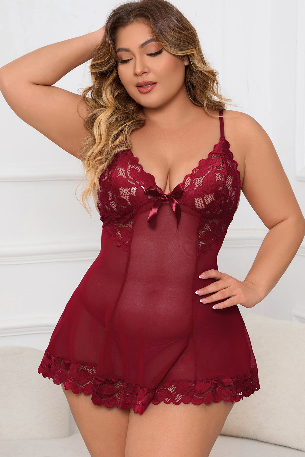 Plus Size Lace Detail Spaghetti Strap Lounge Dress-Jewearrings