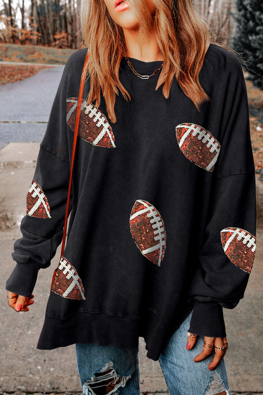 Sequin Football Patch Slit Sweatshirt-Jewearrings