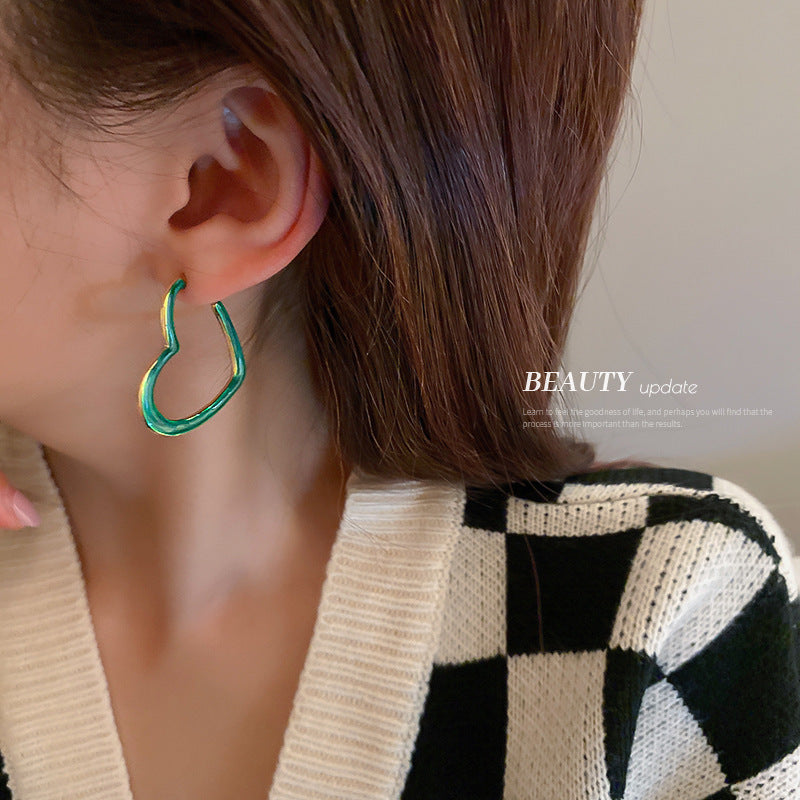 Silver Needle Green Love Hoop Earrings Fashion Retro-Jewearrings