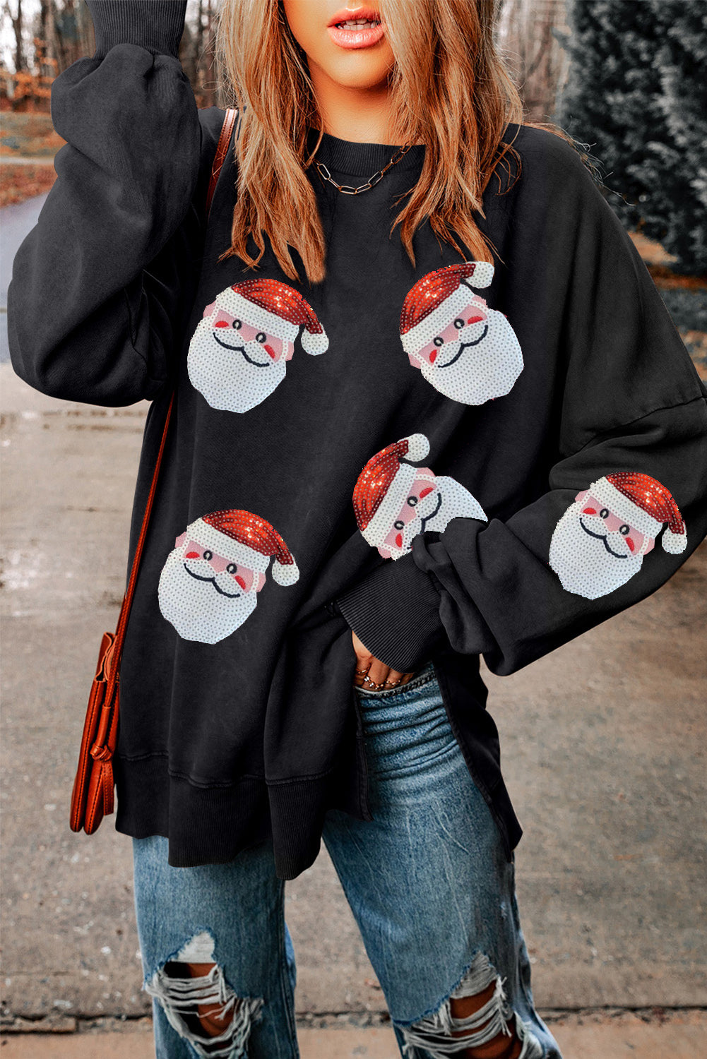 Sequin Santa Round Neck Slit Sweatshirt-Jewearrings