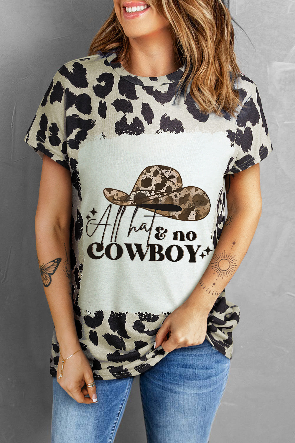 Round Neck Short Sleeve Printed ALL HATS NO COWBOY Graphic Tee-Jewearrings