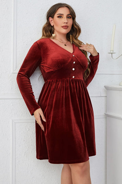 Melo Apparel Plus Size V-Neck Decorative Button Knee Length Dress-Jewearrings