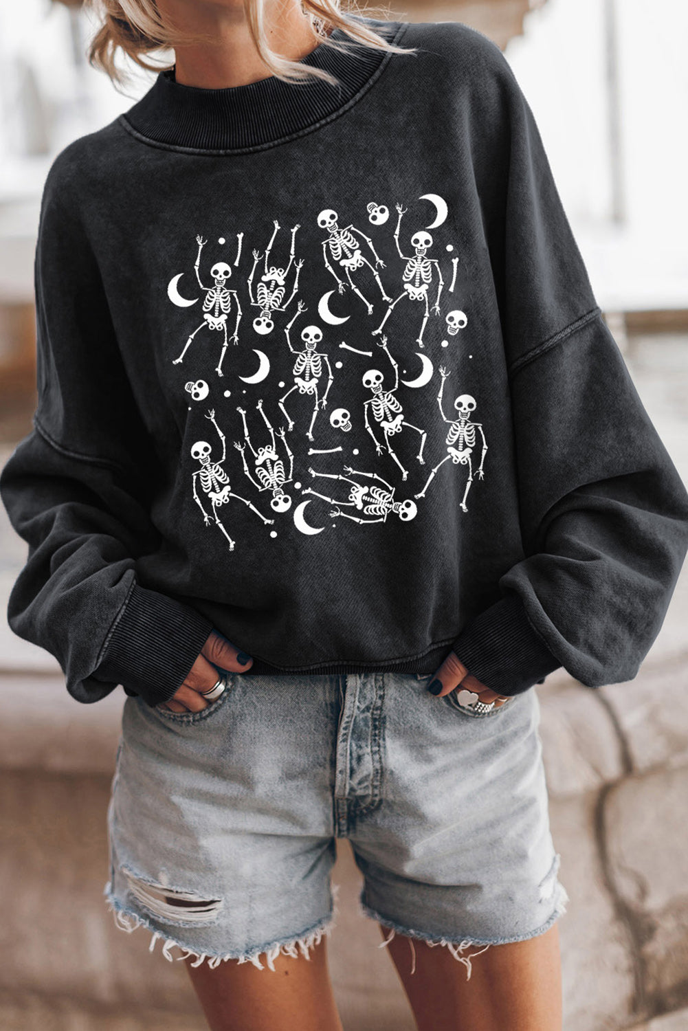 Skeleton Graphic Round Neck Long Sleeve Sweatshirt-Jewearrings