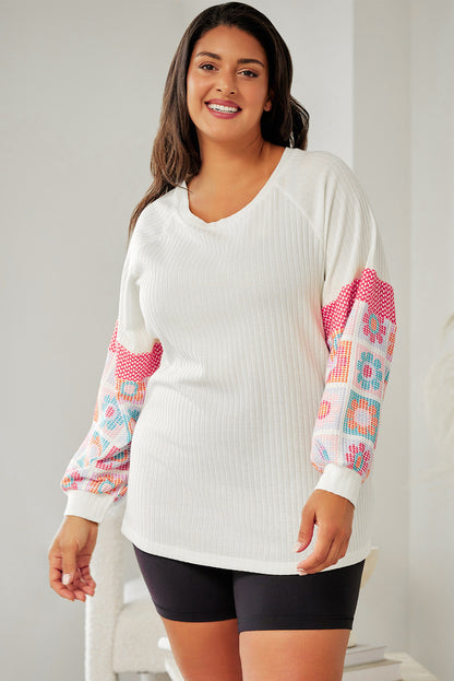 Plus Size Flower Pattern Round Neck Long Sleeve T-Shirt-Jewearrings