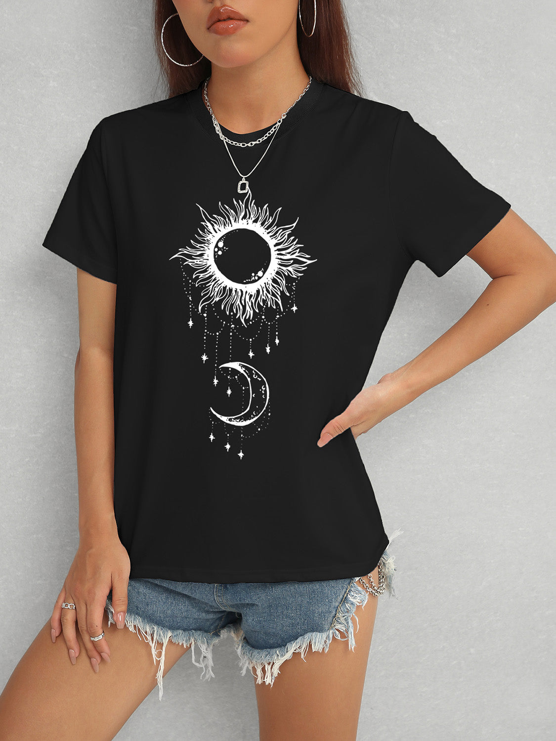 Sun & Moon Graphic Round Neck T-Shirt-Jewearrings