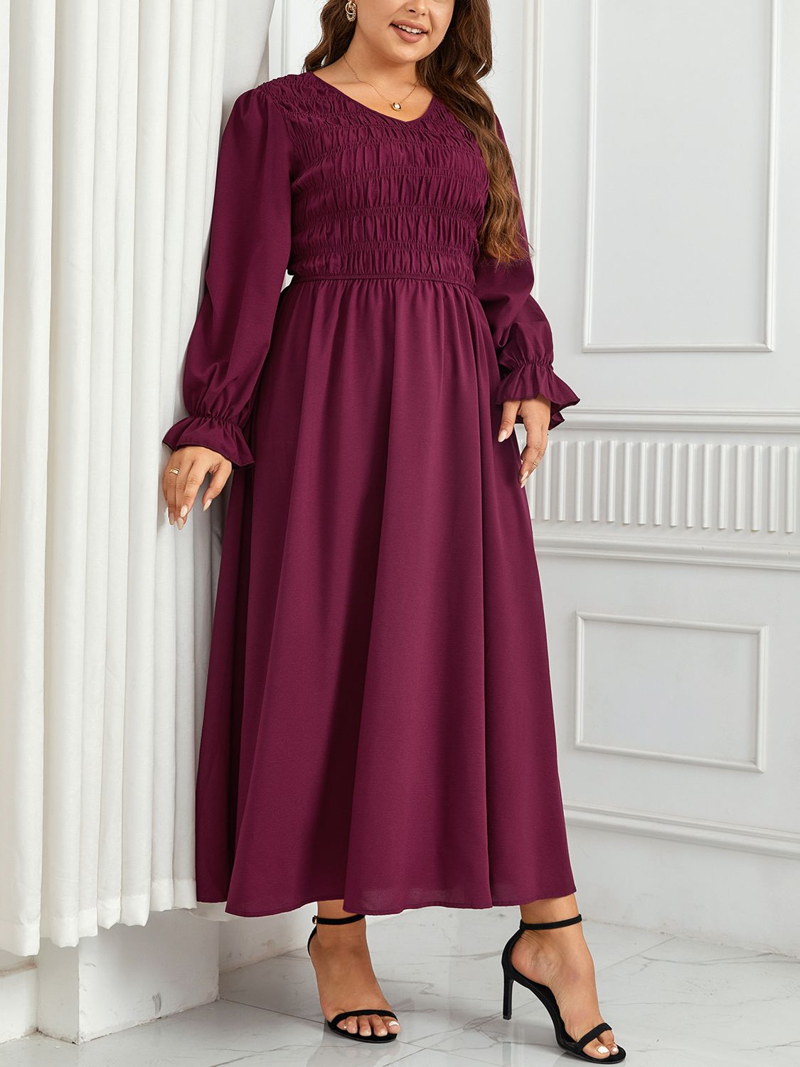 Plus Size Flounce Sleeve Smocked Maxi Dress-Jewearrings