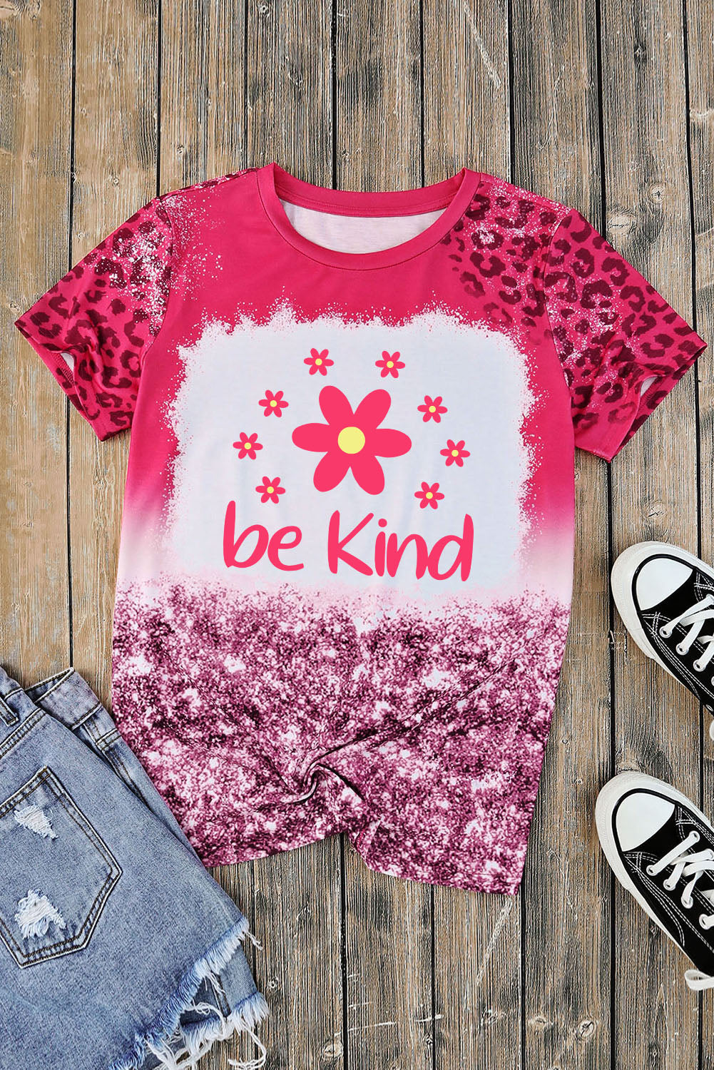 BE KIND Flower Graphic Leopard Tee-Jewearrings