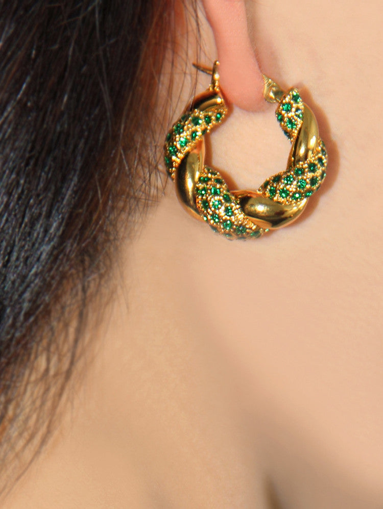 Twisted Twist Inlaid With Rhinestones And Gold-plated Green Circle Earrings-Jewearrings