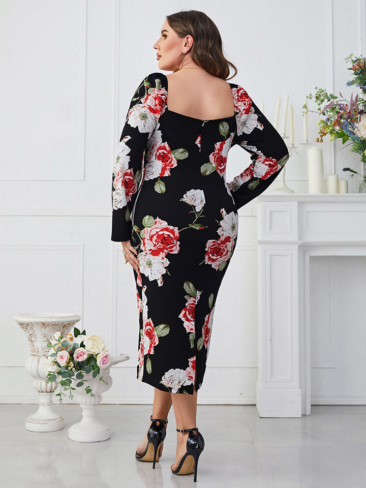 Plus Size Printed Square Neck Long Sleeve Dress-Jewearrings