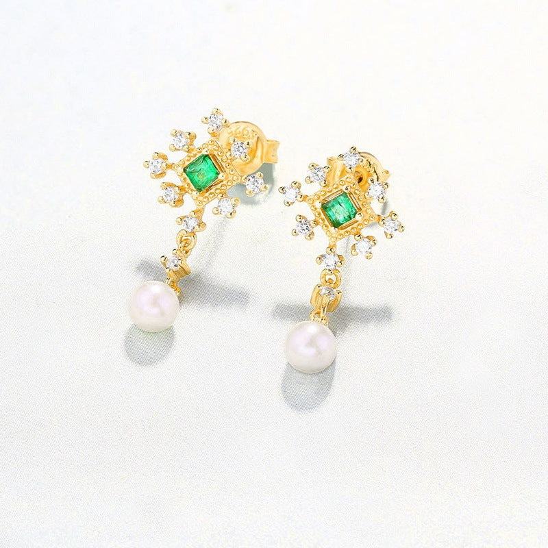 Light Luxury Niche Design Sterling Silver Pearl Earrings Emeralds-Jewearrings