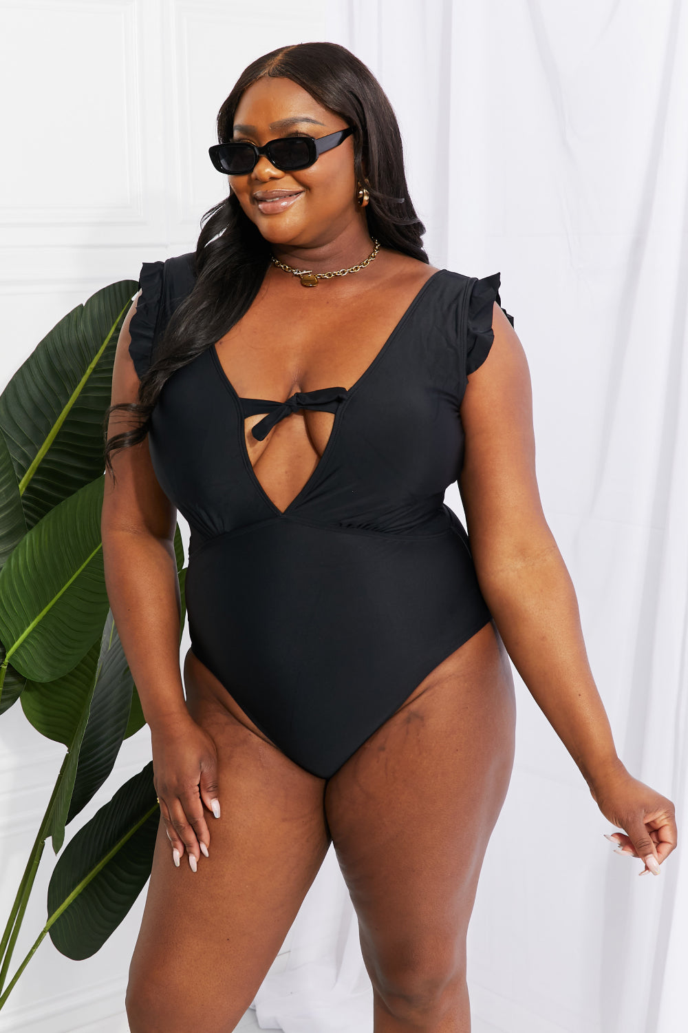 Marina West Swim Seashell Ruffle Sleeve One-Piece in Black-Jewearrings