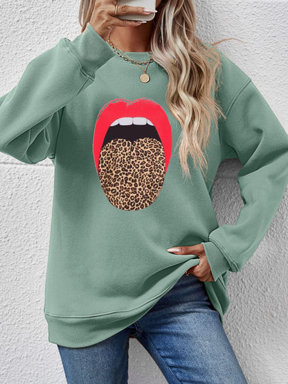 Leopard Lip Graphic Round Neck Sweatshirt-Jewearrings