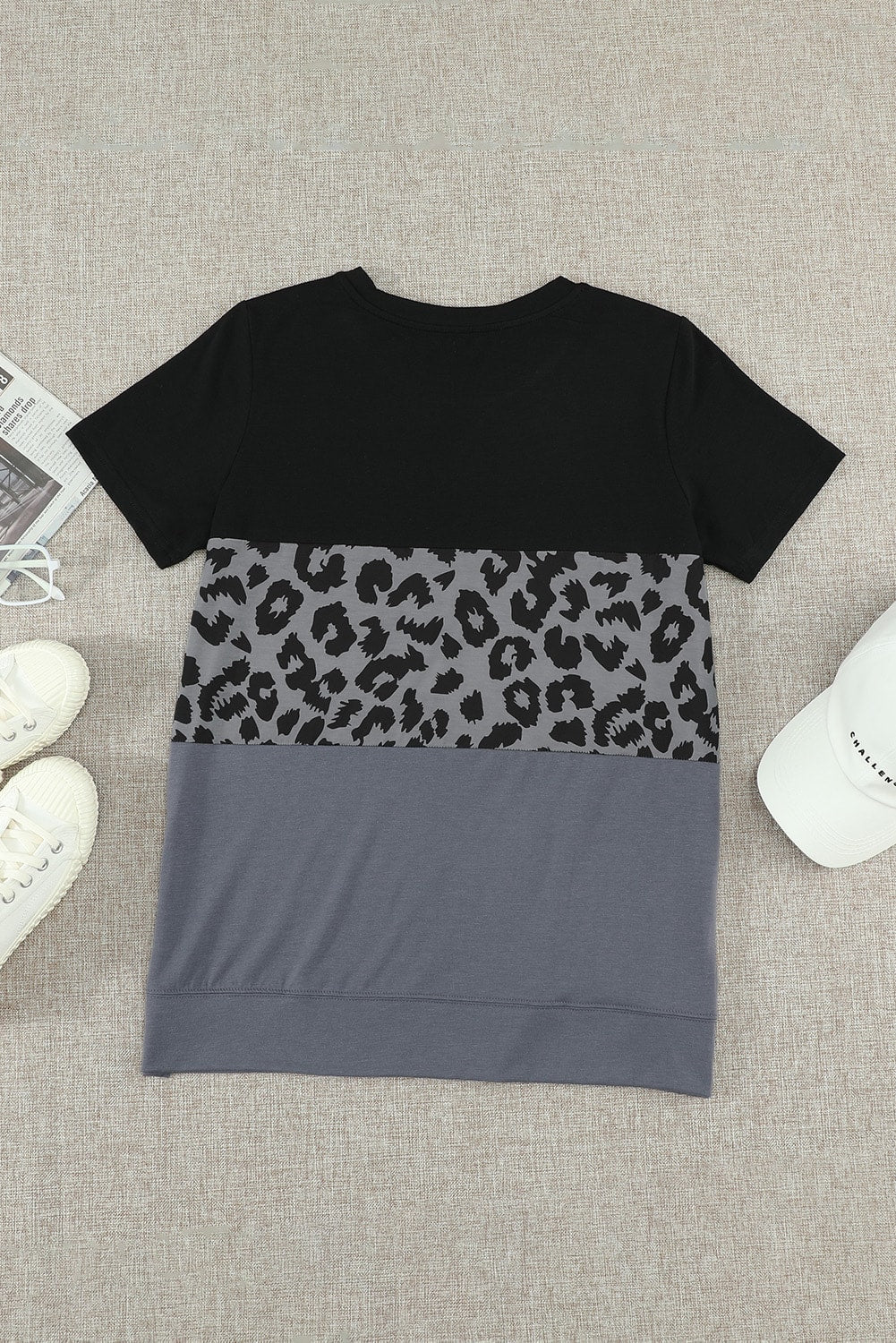 Leopard Print Color Block Short Sleeve T-Shirt-Jewearrings