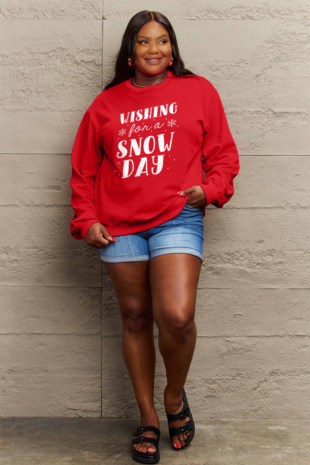 Simply Love Full Size WISHING FOR A SNOW DAY Round Neck Sweatshirt-Jewearrings