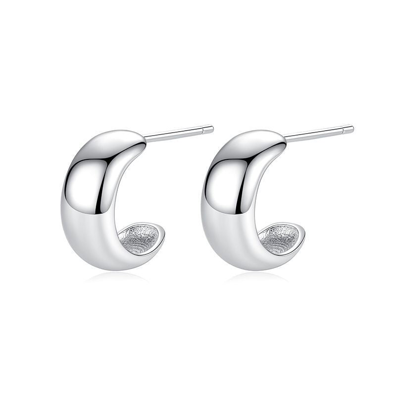 S925 Sterling Silver Glossy C-Shaped Stud Earrings-Jewearrings