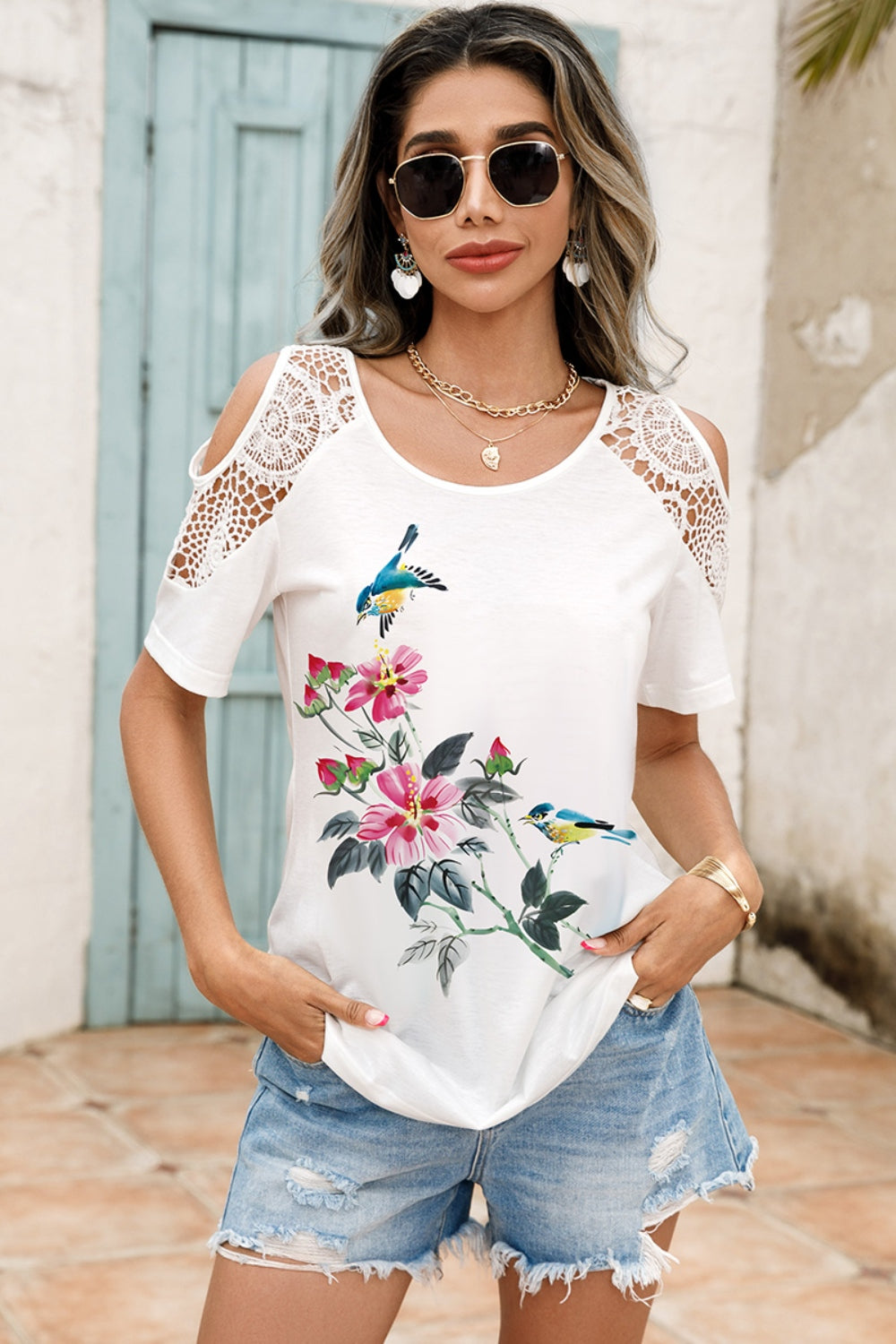 Lace Detail Round Neck Cold Shoulder Blouse-Jewearrings