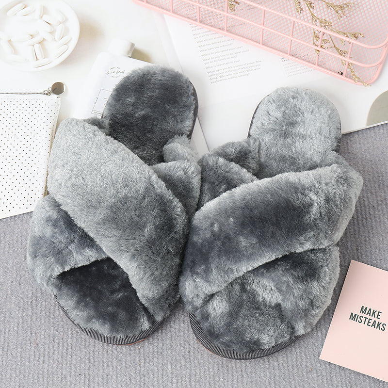 Faux Fur Crisscross Strap Slippers-Jewearrings