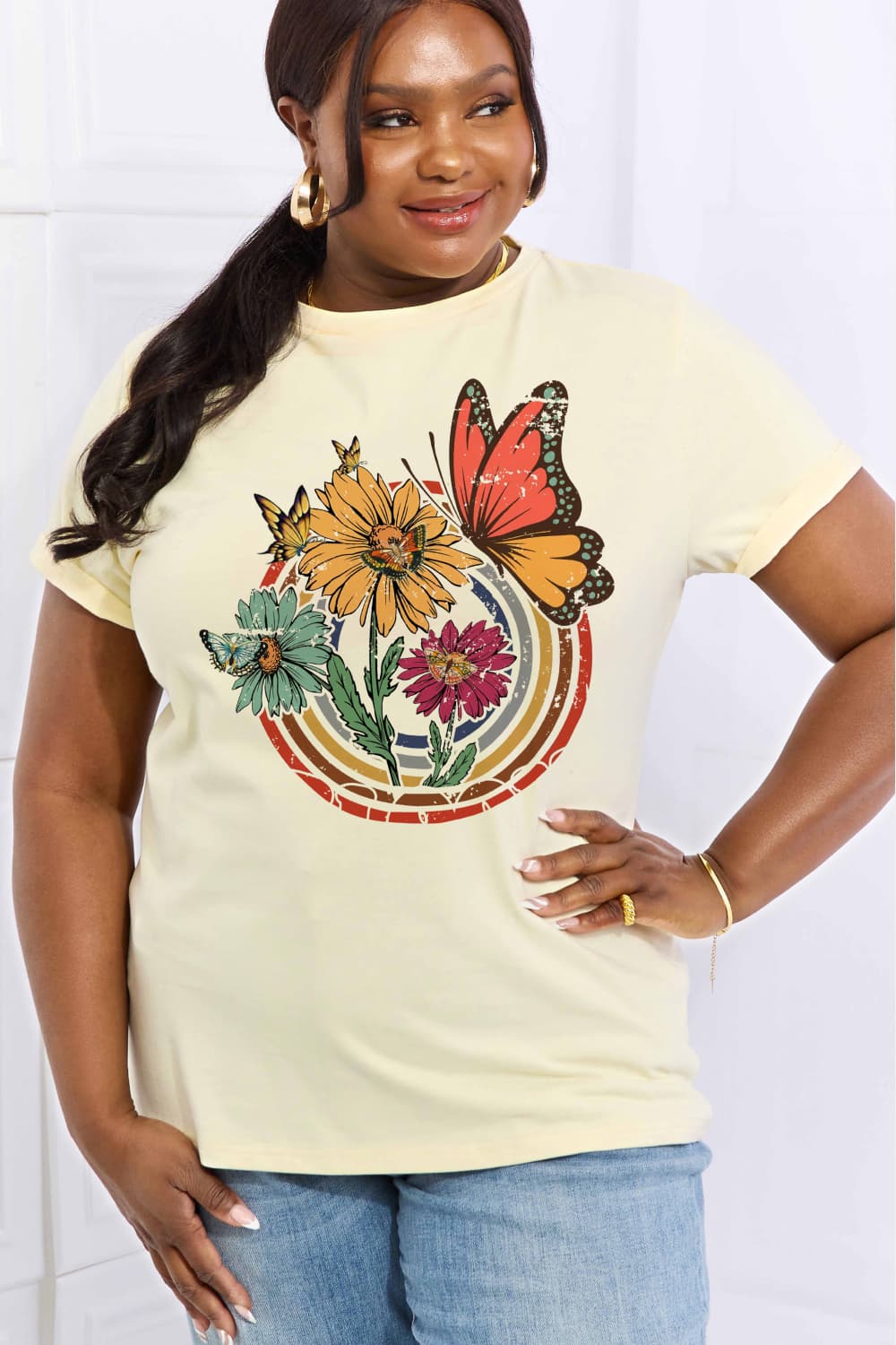 Simply Love Simply Love Full Size Flower & Butterfly Graphic Cotton Tee-Jewearrings