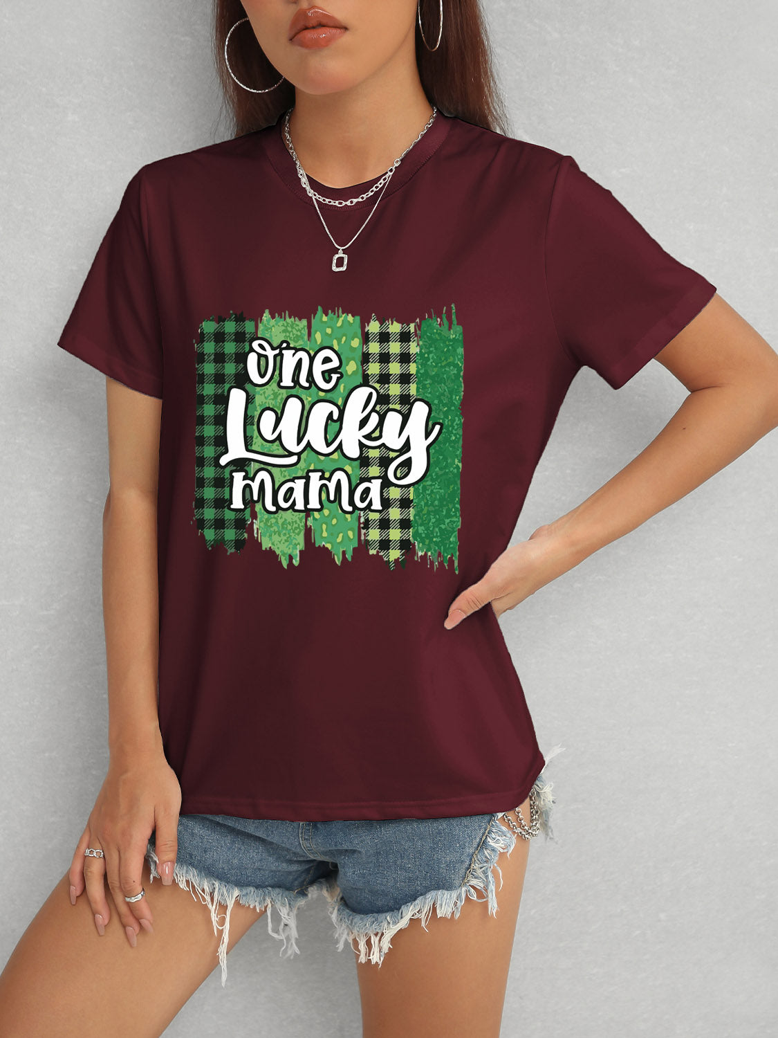 ONE LUCKY MAMA Round Neck T-Shirt-Jewearrings