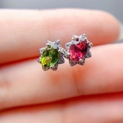 Natural Tourmaline Stud Earrings 925 Silver Delicate Mosaic Women Colored Gems-Jewearrings