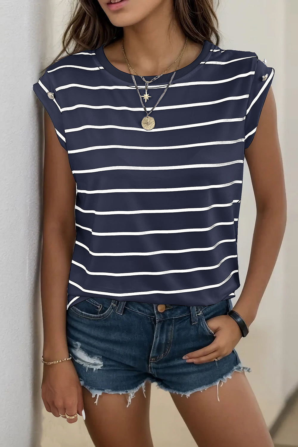 Decorative Button Round Neck T-Shirt-Jewearrings