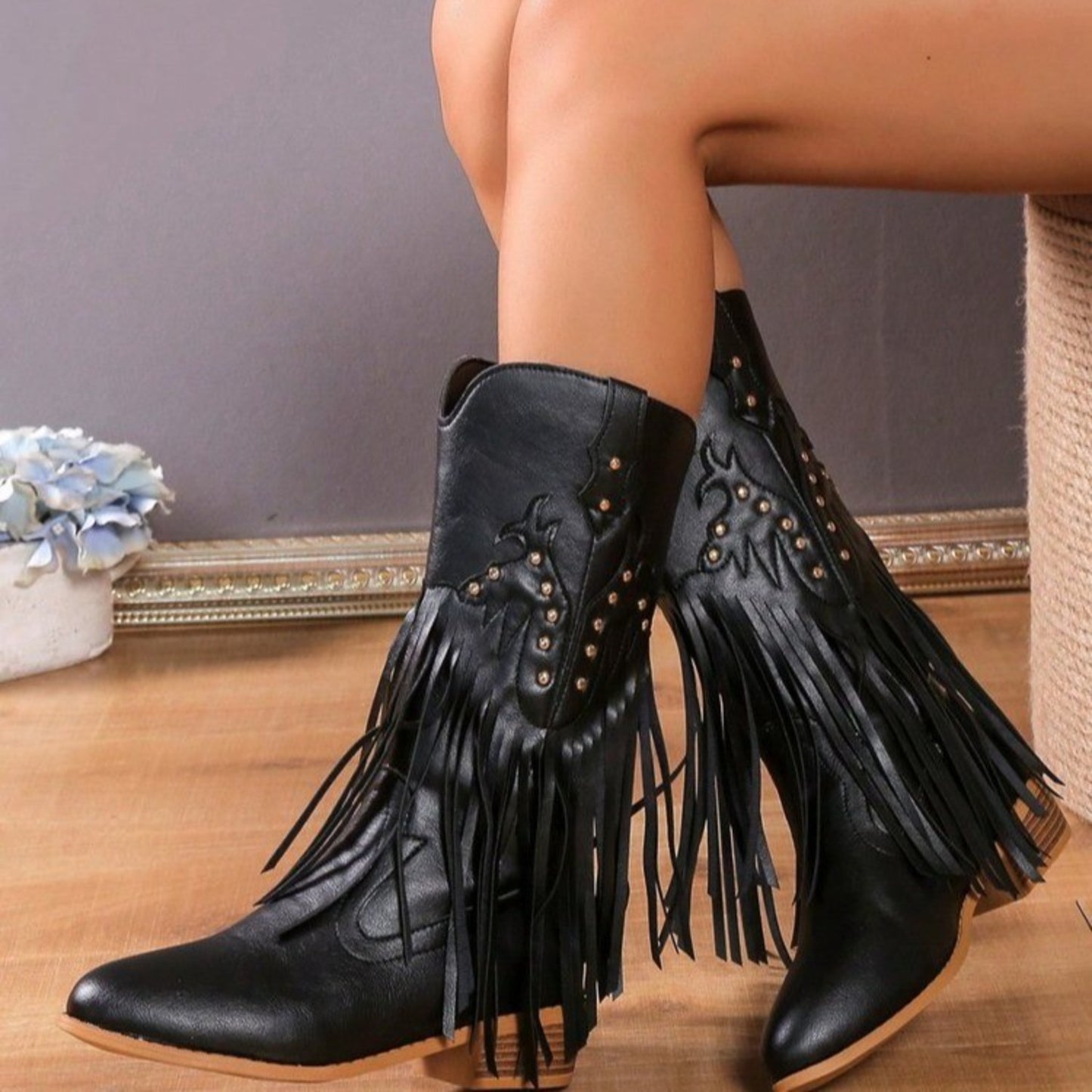 Studded Fringe PU Leather Boots-Jewearrings