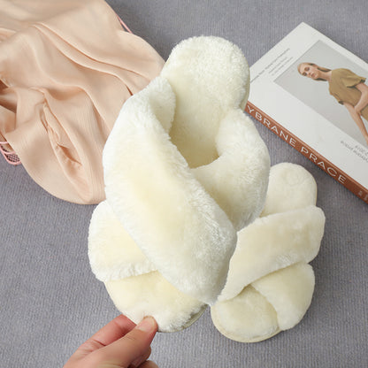 Faux Fur Crisscross Strap Slippers-Jewearrings