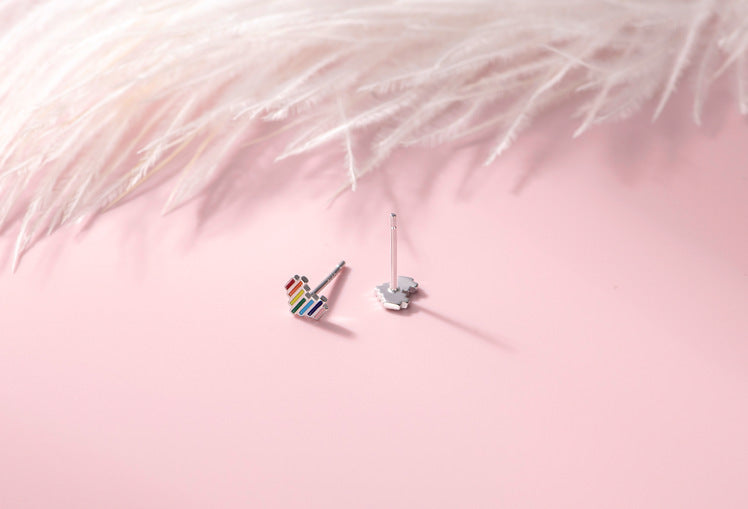 Silver Color Rainbow Love Heart Earrings Female Small Color Simple Heart-shaped Earrings-Jewearrings