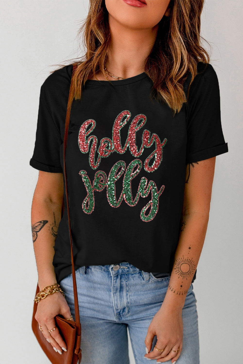 Sequin Letter Graphic Short Sleeve T-Shirt-Jewearrings