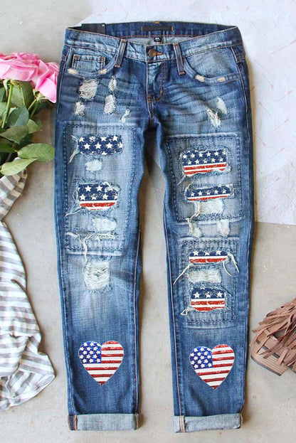 US Flag Distressed Straight Jeans-Jewearrings